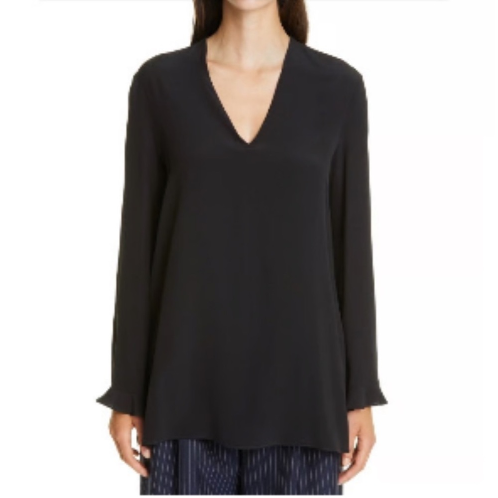 Etro 100% Silk Ruffle Bell Sleeve Tunic Blouse IT 48 US 12 Black Quiet Luxury